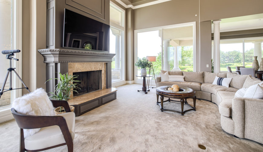 Luxury family room, elegant fireplace