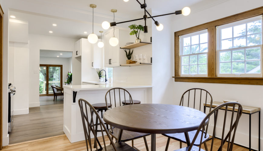 Beautiful white kitchen, open concept, modern fixtures, modern finishes