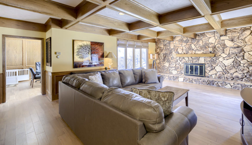 Coffered ceilings, stone fireplace