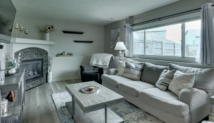 gray and white lower level family room